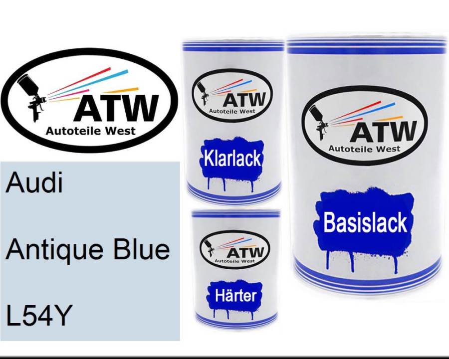 Audi, Antique Blue, L54Y: 500ml Lackdose + 500ml Klarlack + 250ml Härter - Set, von ATW Autoteile West.